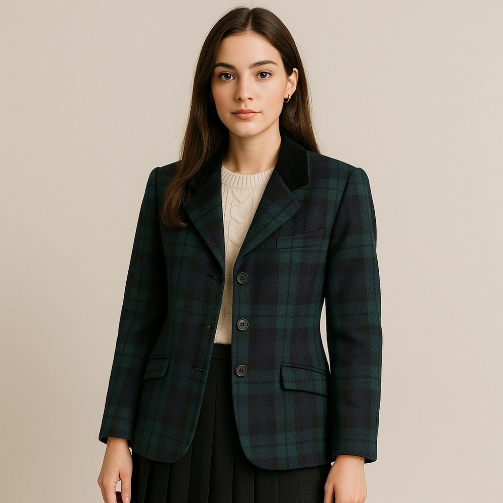 Vintage Plaid Blazer Jacket Velvet Collar Size 10 Blue Green Holidays Festive - Picture 1 of 10